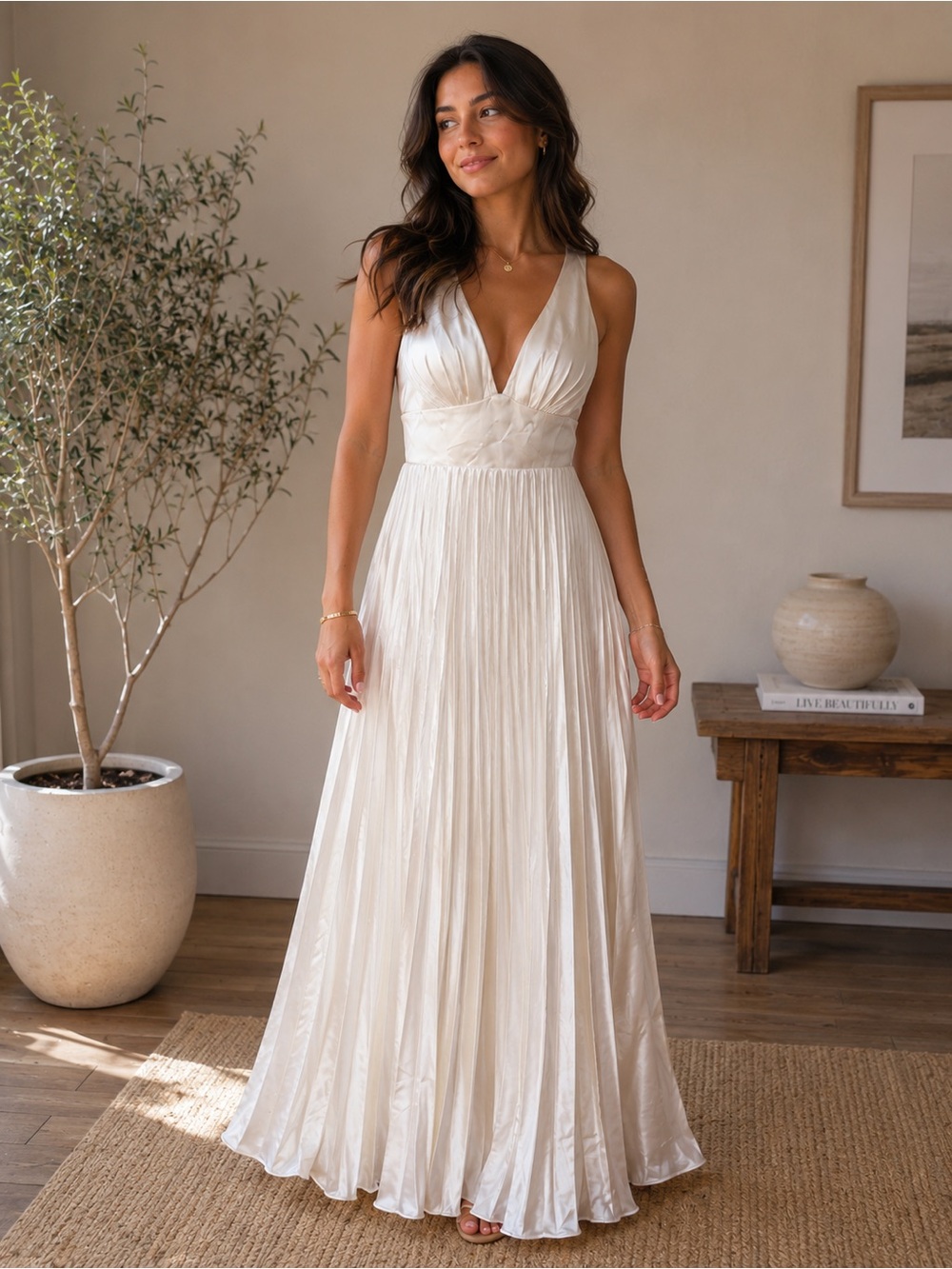 Elegant Ivory Plunge V-Neck Pleated Maxi Dress
